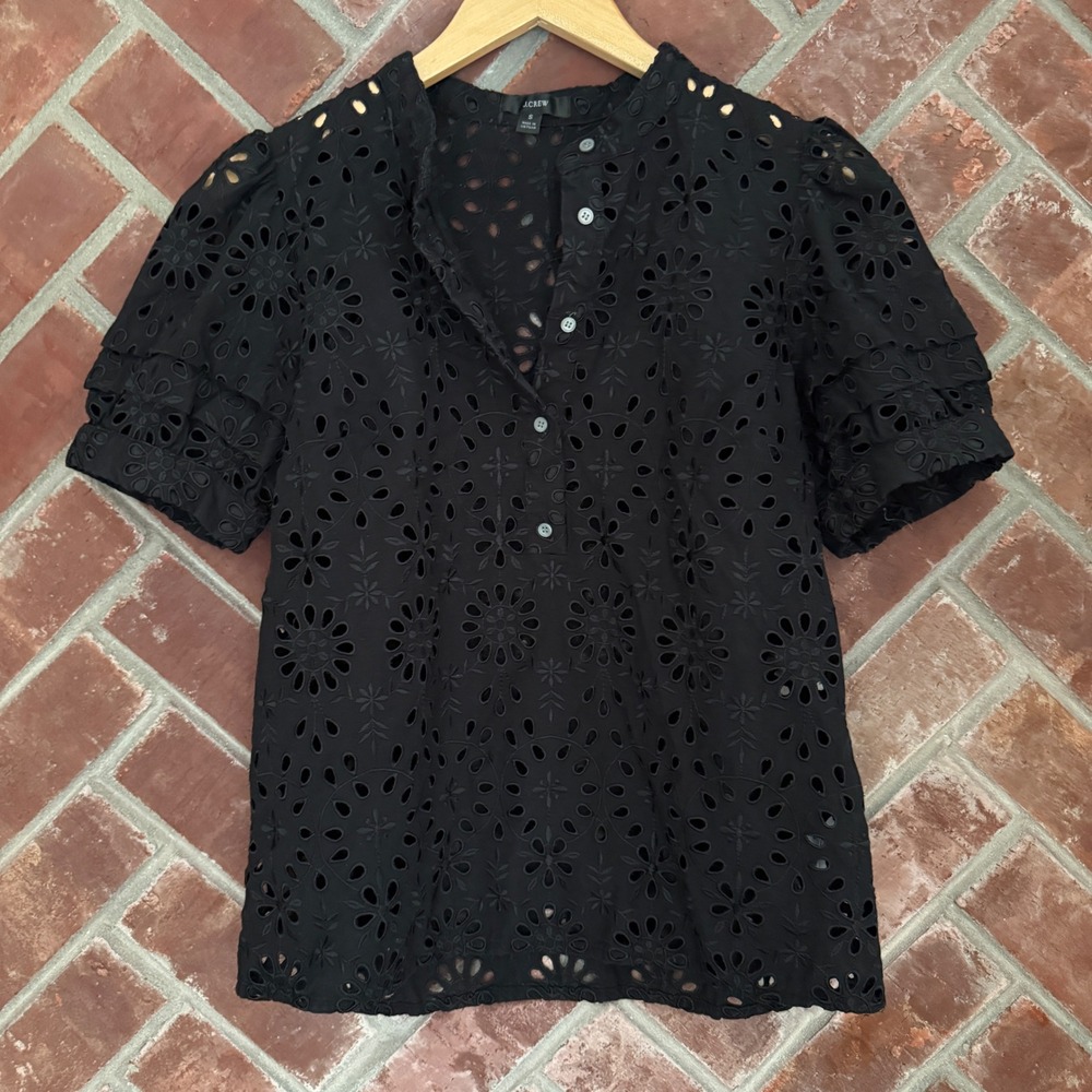 J.Crew ReImagined Eyelet Top Women S Black Ruffle Button Front Blouse Shirt